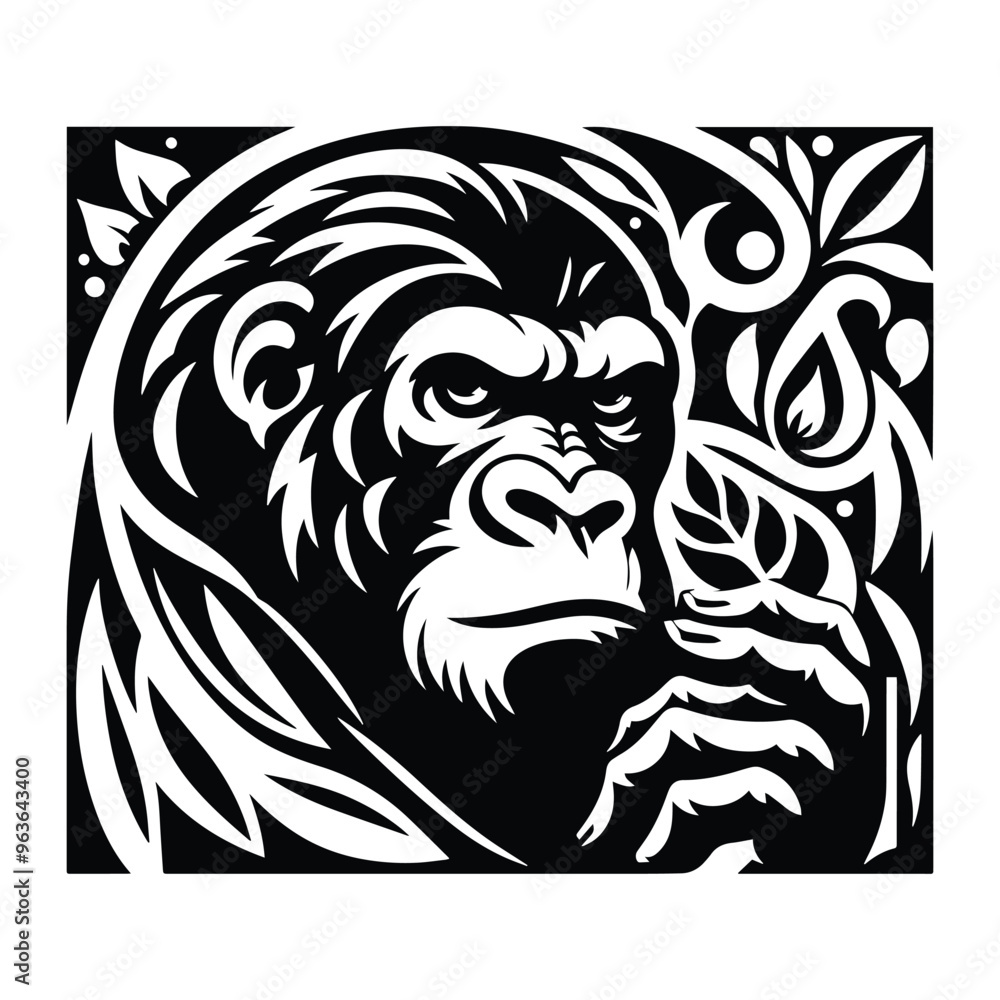 gorilla monkey with art nouveau decoration, stencil logo, black and white animal illustration gorilla monkey with art nouveau decoration, stencil logo, black and white animal illustration