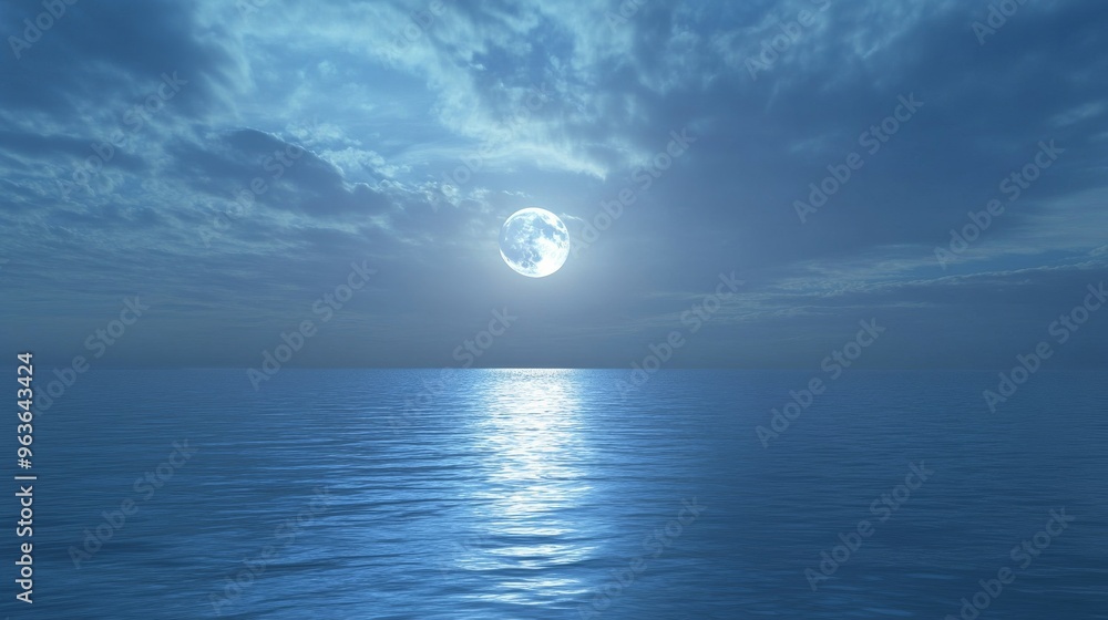 Moonlit ocean horizon under cloudy night sky Moonlit ocean horizon under cloudy night sky