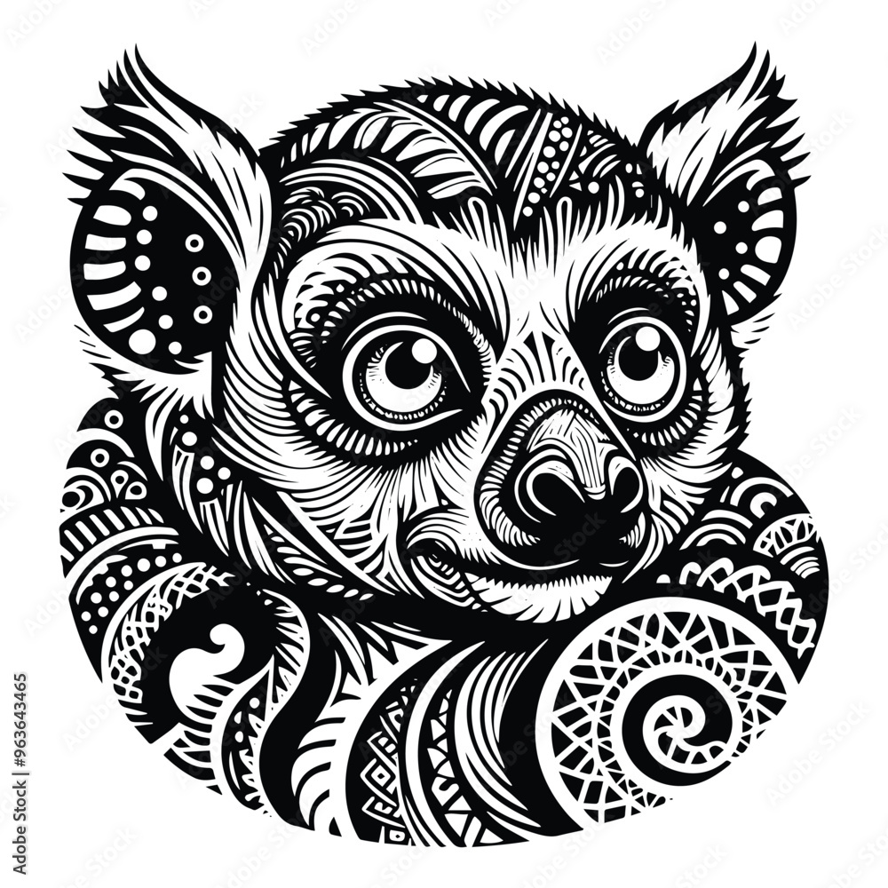 lemur monkey in zentangle art, stencil logo, black and white animal illustration lemur monkey in zentangle art, stencil logo, black and white animal illustration
