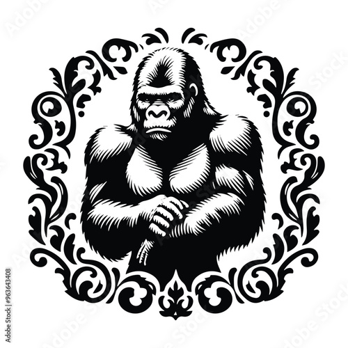 gorilla monkey with victorian flourish decoration, stencil logo, black and white animal illustration