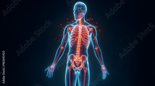 Holographic human skeleton with illuminated spine and joints