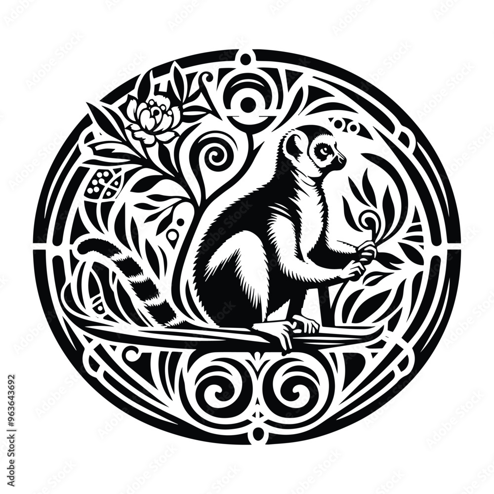 lemur monkey with art nouveau decoration, stencil logo, black and white animal illustration lemur monkey with art nouveau decoration, stencil logo, black and white animal illustration