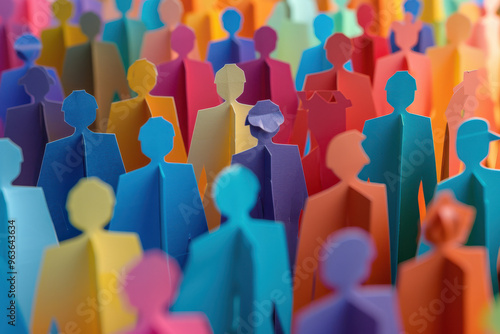 Abstract colorful paper crowd background with copy space, diverse male and female silhouettes in various colors representing diversity of people in the community concept.