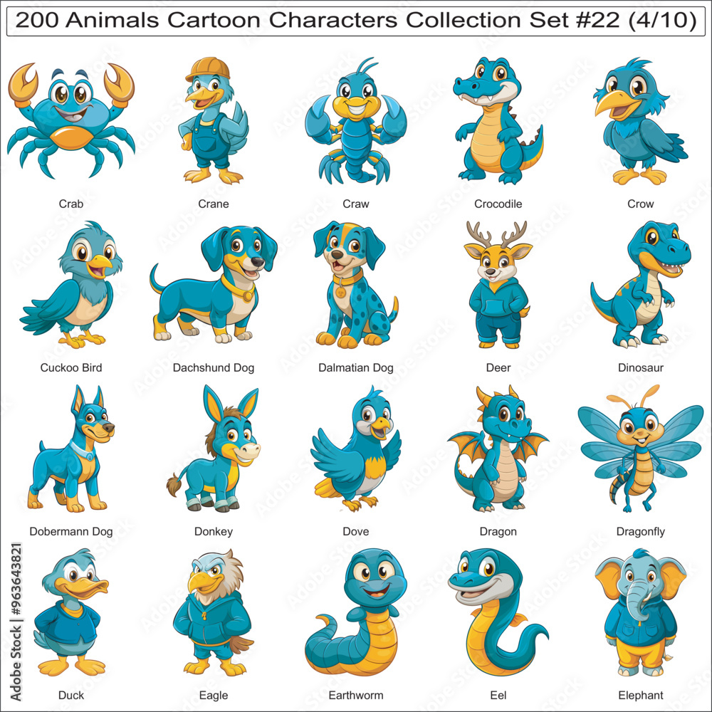 Naklejka premium Animals Cartoon Characters Collection Set of 200 Isolated Animals Part 4