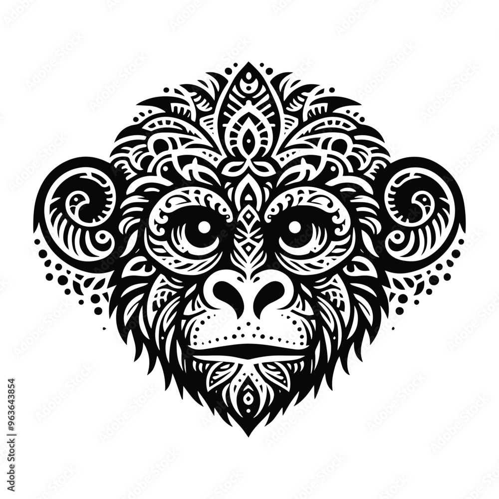 monkey in zentangle art, stencil logo, black and white animal illustration monkey in zentangle art, stencil logo, black and white animal illustration