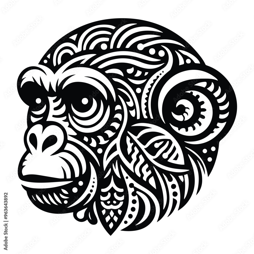 monkey in zentangle art, stencil logo, black and white animal illustration monkey in zentangle art, stencil logo, black and white animal illustration