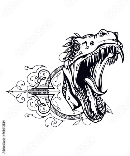 Rad black and white Dino Trex, vector Lineart character graphic drawing illustration for stickers, streetwear, t-shirts, logos, print-on-demand, print, or branding