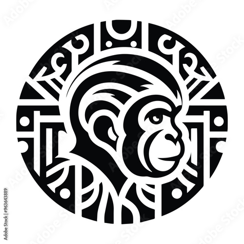 monkey with art deco decoration, stencil logo, black and white animal illustration