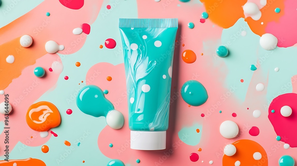 Fototapeta premium Teal Cosmetic Tube on Abstract Colorful Background