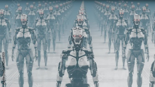 Army of Robots or Cyborgs Soldiers with red glowing eyes Standing in multiple queue in a large hazy location UHD 4K 3D Animation CGI