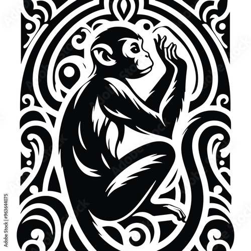 monkey with art nouveau decoration, stencil logo, black and white animal illustration