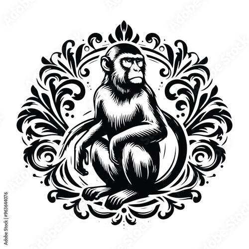 monkey with victorian flourish decoration, stencil logo, black and white animal illustration