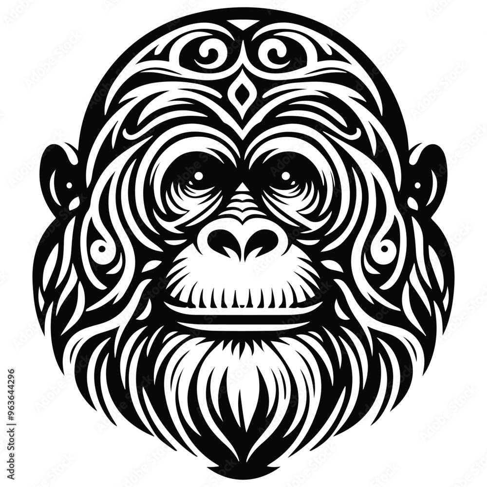 Fototapeta premium orangutan monkey with art nouveau decoration, stencil logo, black and white animal illustration