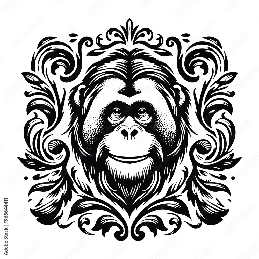 orangutan monkey with victorian flourish decoration, stencil logo, black and white animal illustration orangutan monkey with victorian flourish decoration, stencil logo, black and white animal illustration