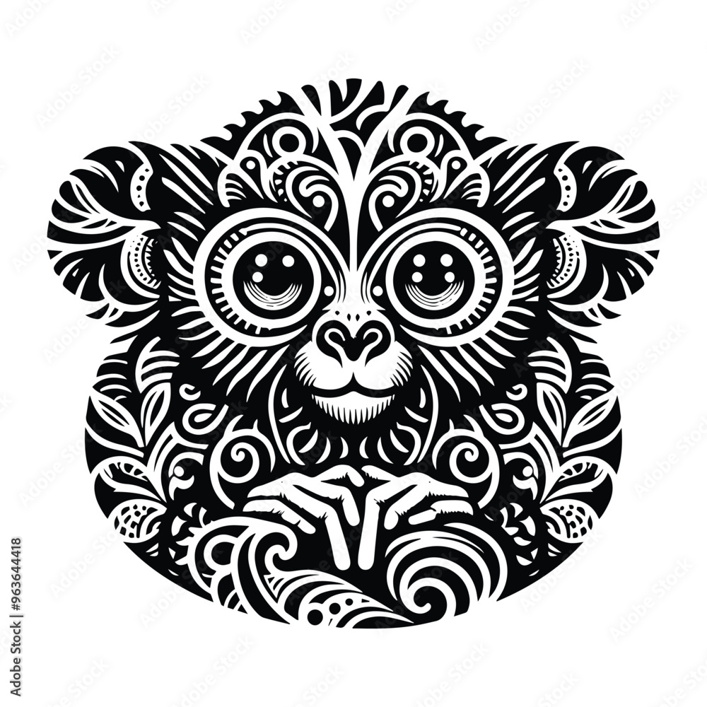 Tarsier monkey in zentangle art, stencil logo, black and white animal illustration Tarsier monkey in zentangle art, stencil logo, black and white animal illustration