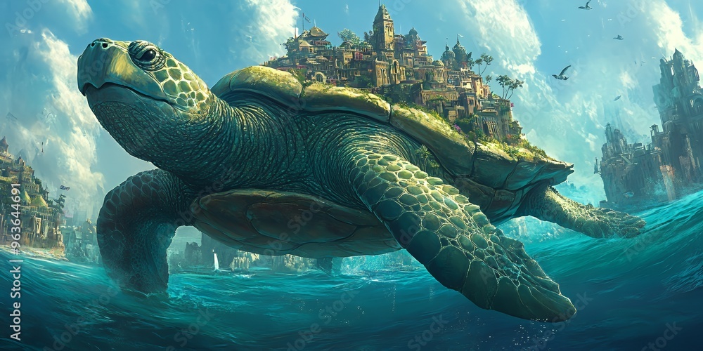 Fototapeta premium A giant sea turtle with a city on its back swims through the ocean.
