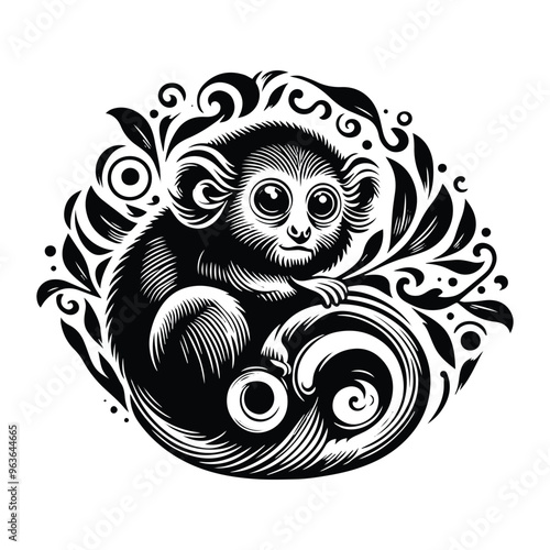 Tarsier monkey with victorian flourish decoration, stencil logo, black and white animal illustration