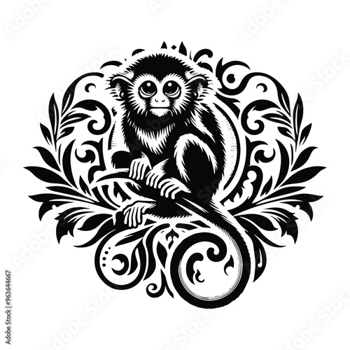 Tarsier monkey with victorian flourish decoration, stencil logo, black and white animal illustration