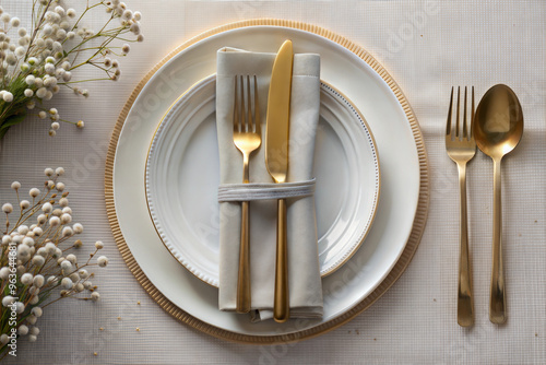 Elegant gold cutlery arranged on white plates with linen napkin and floral decoration