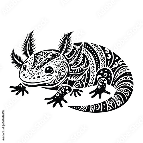 Axolotl in zentangle art, stencil logo, black and white animal illustration