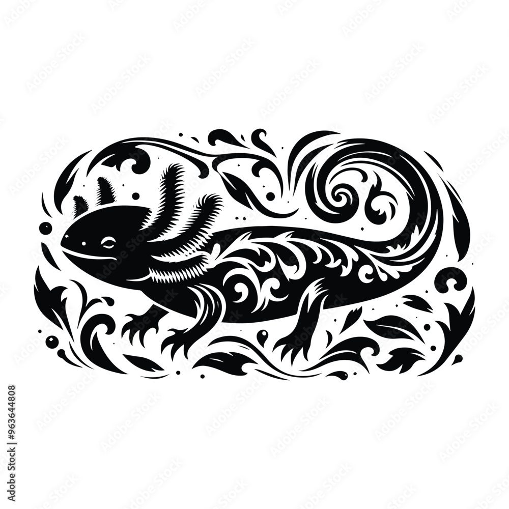 Axolotl with victorian flourish decoration, stencil logo, black and white animal illustration Axolotl with victorian flourish decoration, stencil logo, black and white animal illustration