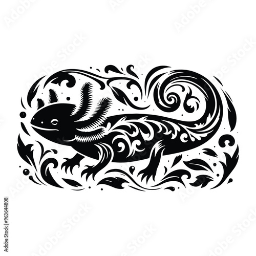 Axolotl with victorian flourish decoration, stencil logo, black and white animal illustration