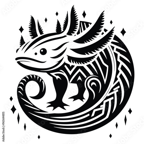 Axolotl with art deco decoration, stencil logo, black and white animal illustration ,