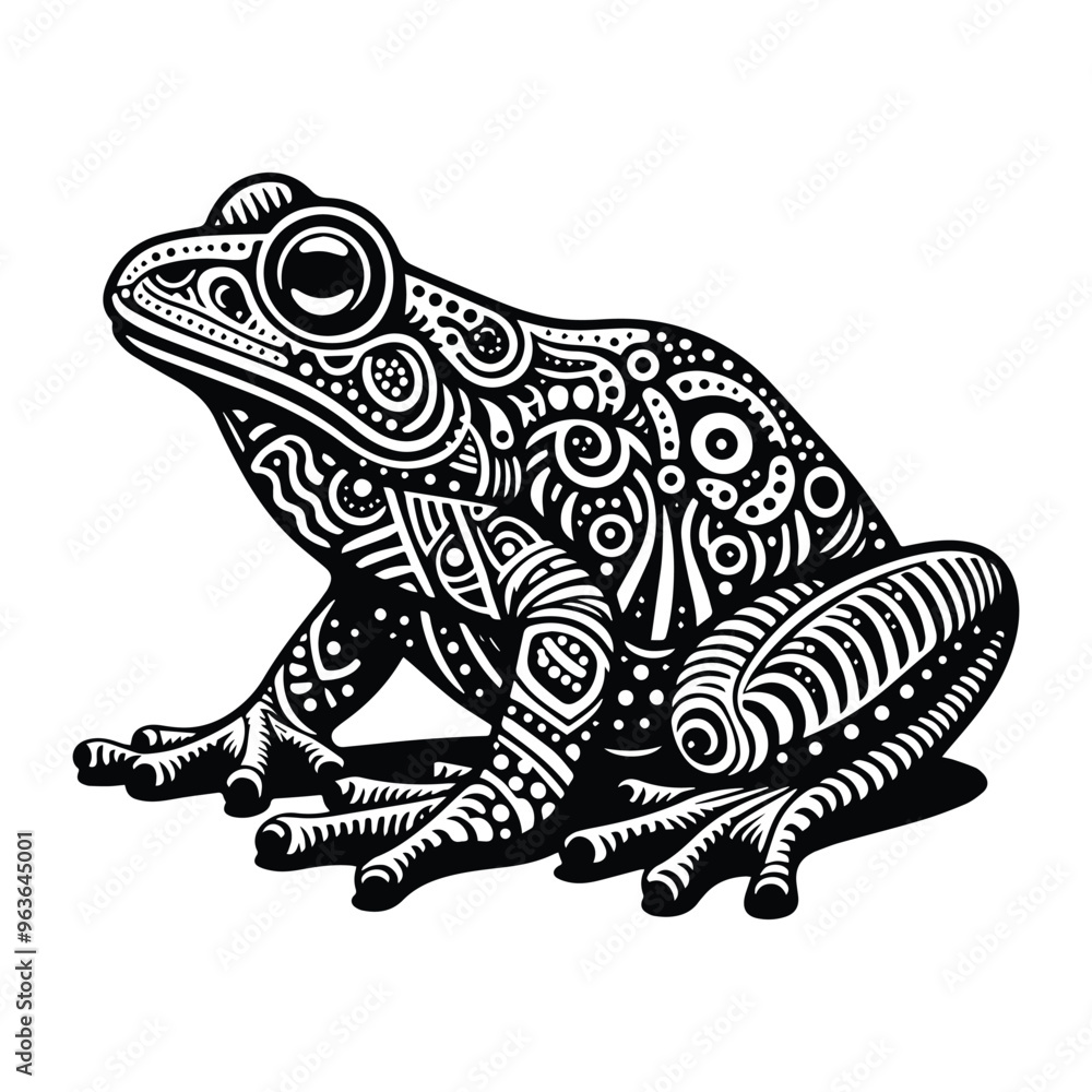 Naklejka premium Bullfrog in zentangle art, stencil logo, black and white animal illustration