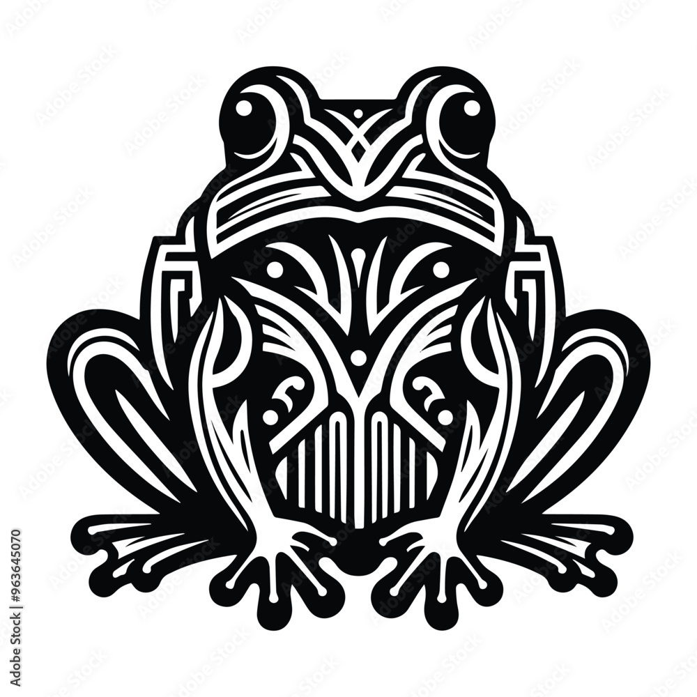 Bullfrog with art deco decoration, stencil logo, black and white animal illustration , Bullfrog with art deco decoration, stencil logo, black and white animal illustration ,