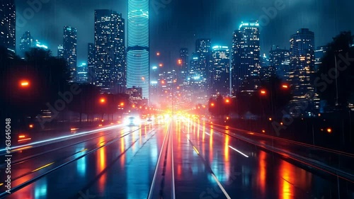 Fast driving plate through the futuristic city at night in the rain