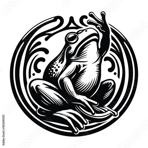 Bullfrog with art nouveau decoration, stencil logo, black and white animal illustration