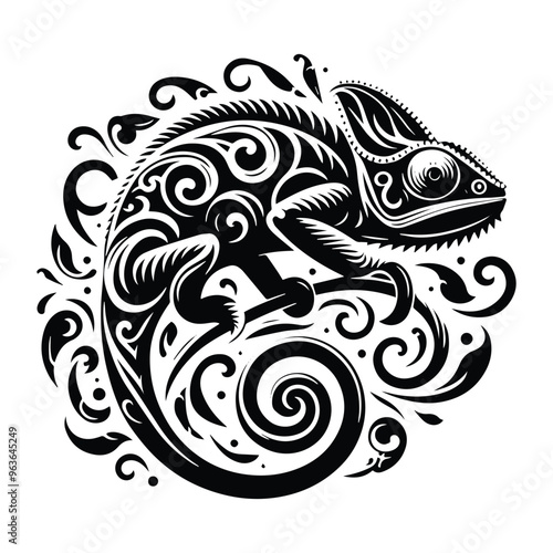 Chameleon reptile with victorian flourish decoration, stencil logo, black and white animal illustration