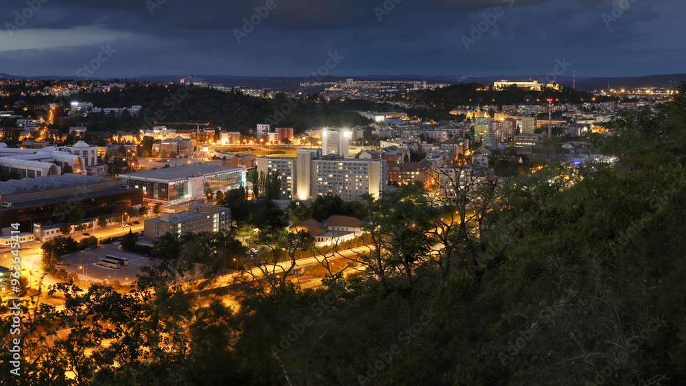 Fototapeta premium Panoramic view of Brno, Czech Republic. High detail shot of night time city infrastructure. Zoomable, high detail town