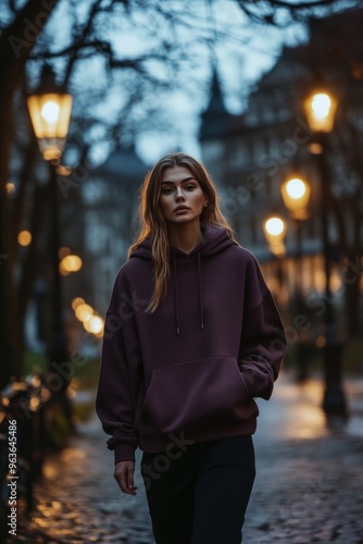 Mysterious Night Stroll: Contemplation inCity Under Soft Streetlight Glow photo