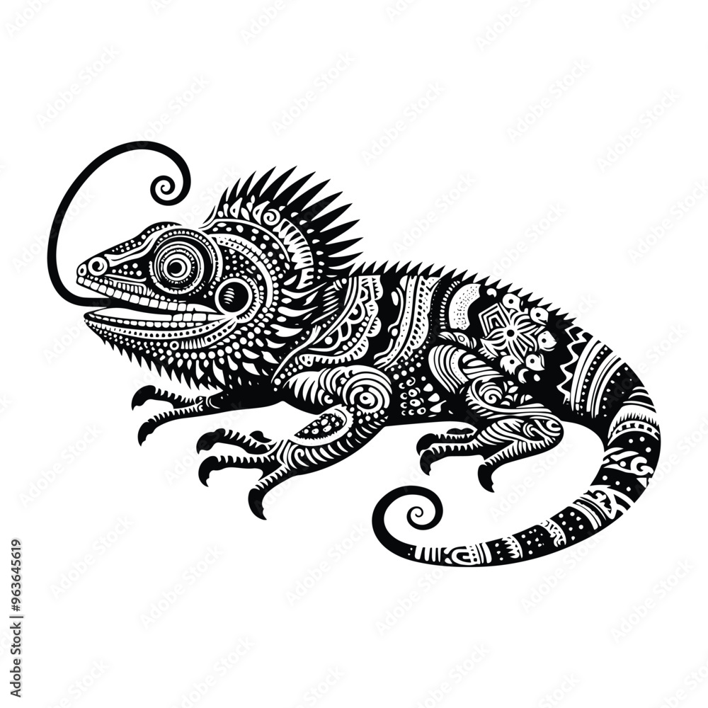 Frilled lizard reptile in zentangle art, stencil logo, black and white animal illustration Frilled lizard reptile in zentangle art, stencil logo, black and white animal illustration