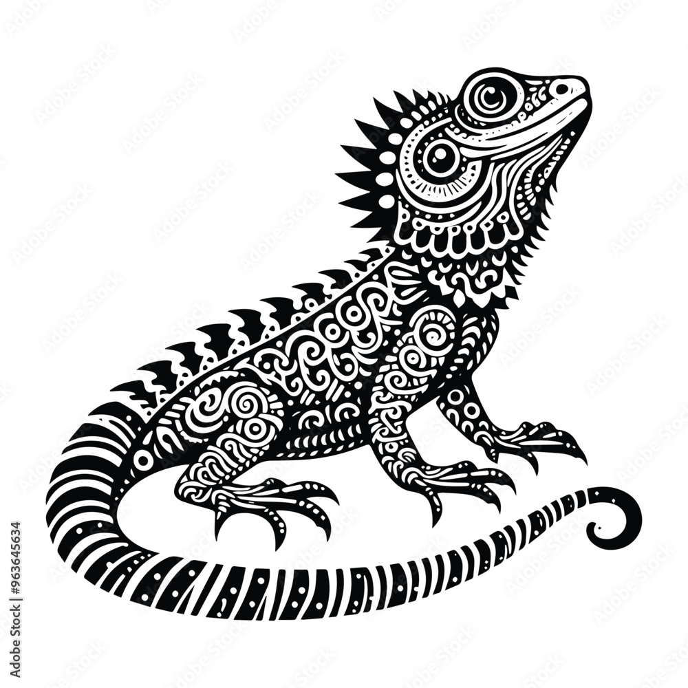 Frilled lizard reptile in zentangle art, stencil logo, black and white animal illustration Frilled lizard reptile in zentangle art, stencil logo, black and white animal illustration