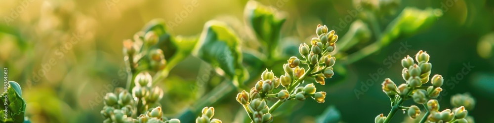 Close-up of organic white and yellow mustard seeds on a Sinapis alba plant in a field, suitable for sustainable agriculture and environmentally friendly farming methods.