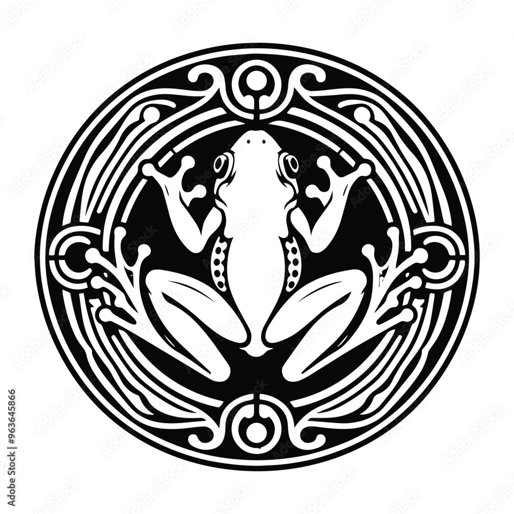 frog with art nouveau decoration, stencil logo, black and white animal illustration frog with art nouveau decoration, stencil logo, black and white animal illustration