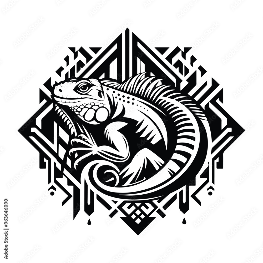 Iguana reptile with art deco decoration, stencil logo, black and white animal illustration , Iguana reptile with art deco decoration, stencil logo, black and white animal illustration ,