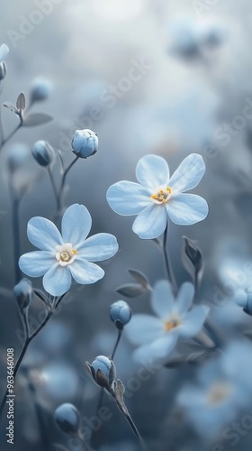 Small, delicate flowers in soft shades of blue against a misty backdrop. Flowers range from a gradient of light blue to white.