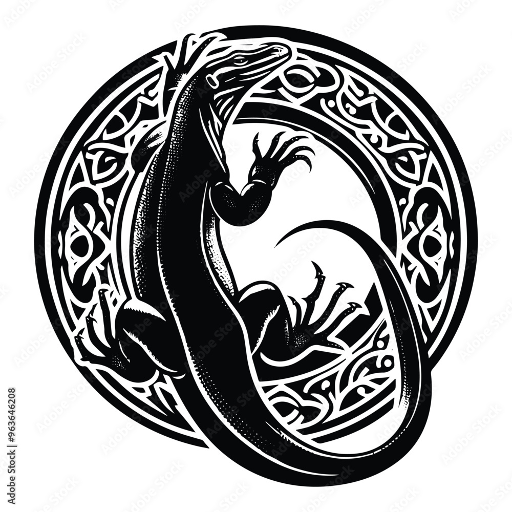 Komodo reptile with art nouveau decoration, stencil logo, black and white animal illustration Komodo reptile with art nouveau decoration, stencil logo, black and white animal illustration
