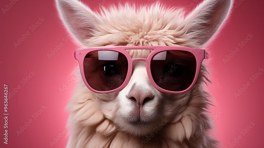 Cute lama alpaca with bubblegum in trendy pink sunglasses, isolated on pink background with copyspace. Cute lama alpaca with bubblegum in trendy pink sunglasses, isolated on pink background with copyspace.