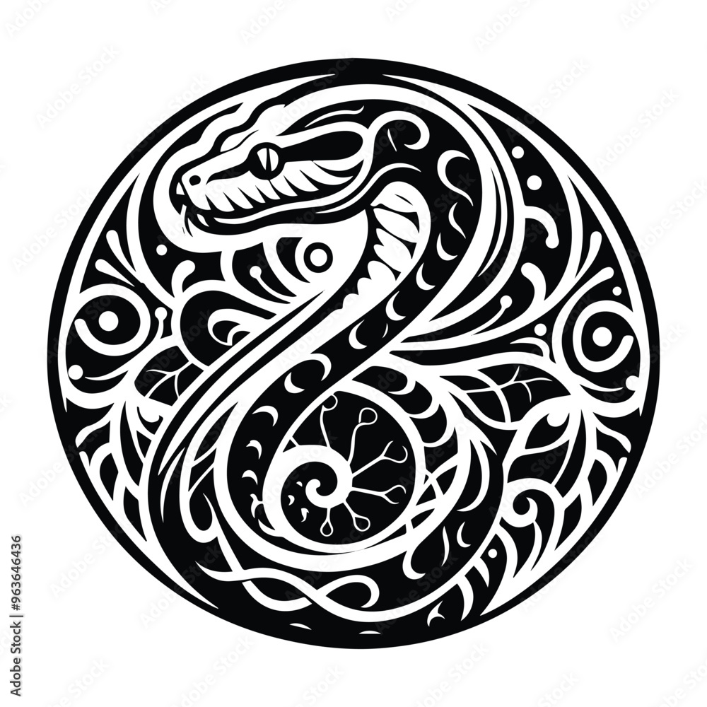 Python reptile with art nouveau decoration, stencil logo, black and white animal illustration Python reptile with art nouveau decoration, stencil logo, black and white animal illustration