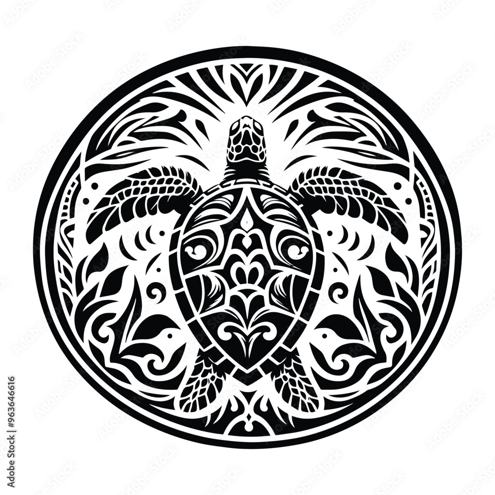 sea turtle reptile with art nouveau decoration, stencil logo, black and white animal illustration sea turtle reptile with art nouveau decoration, stencil logo, black and white animal illustration