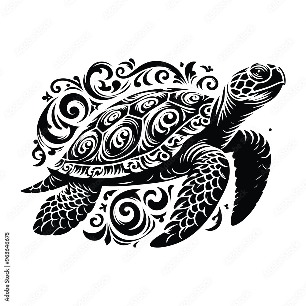 sea turtle reptile with victorian flourish decoration, stencil logo, black and white animal illustration sea turtle reptile with victorian flourish decoration, stencil logo, black and white animal illustration