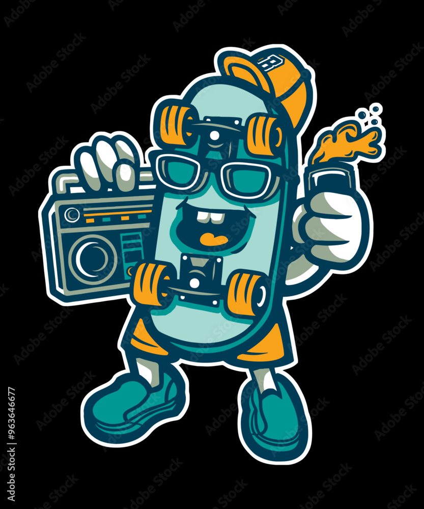 Naklejka premium Funny 90s, Boombox Skying vector art character graphic drawing illustration for stickers, streetwear, t-shirts, logos, print-on-demand, print, or branding