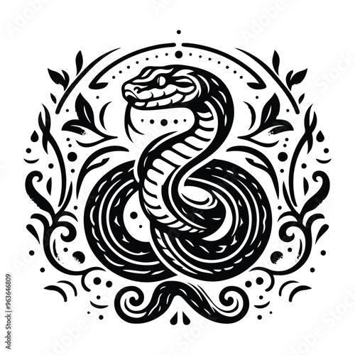 snake reptile with victorian flourish decoration, stencil logo, black and white animal illustration