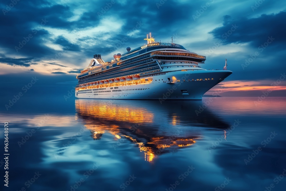 As the sun sets, a luxurious cruise ship glows warmly, reflecting on the calm ocean waters, creating an enchanting atmosphere for an unforgettable evening under the twinkling stars As the sun sets, a luxurious cruise ship glows warmly, reflecting on the calm ocean waters, creating an enchanting atmosphere for an unforgettable evening under the twinkling stars