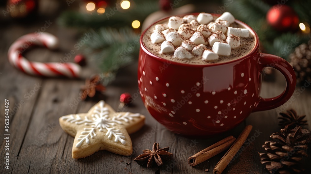 Cozy Hot Cocoa with Marshmallows - A festive cup of hot cocoa topped with marshmallows, accompanied by a star-shaped cookie, perfect for a cozy winter evening. Cozy Hot Cocoa with Marshmallows - A festive cup of hot cocoa topped with marshmallows, accompanied by a star-shaped cookie, perfect for a cozy winter evening.