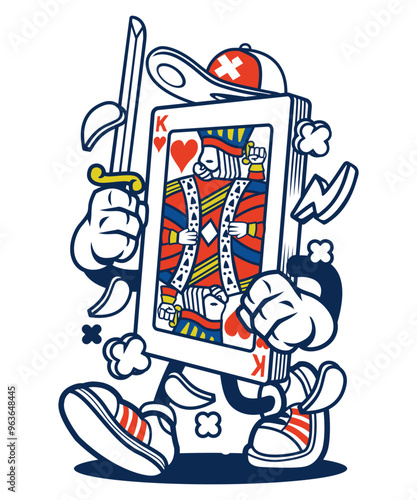 Funny poker card game, King of hearts with sword vector art character graphic drawing illustration for stickers, streetwear, t-shirts, logos, print-on-demand, print, or branding